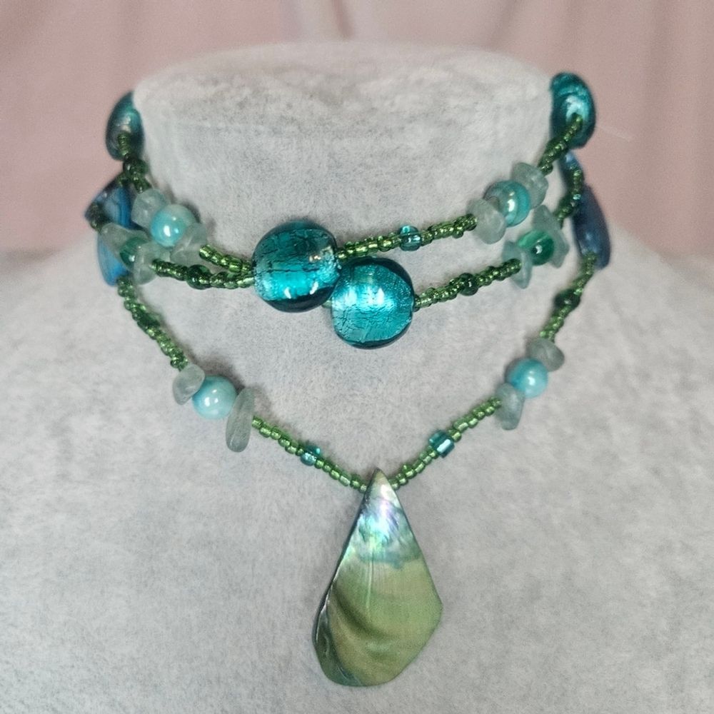 Glass and Shell Beaded Necklace 33" Green Blue Pendant Boho Statement Coastal